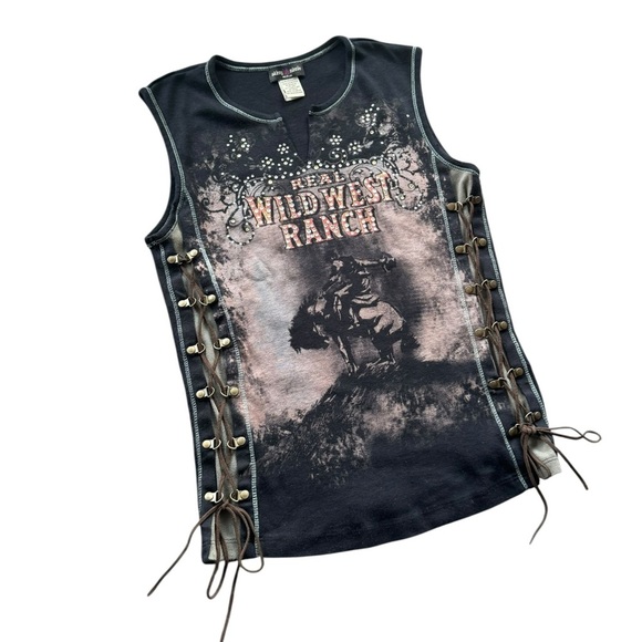 Y2K Made in USA Skinny Minnie Lace up Rhinestone Cowboy Graphic Tee size Medium - Picture 6 of 14